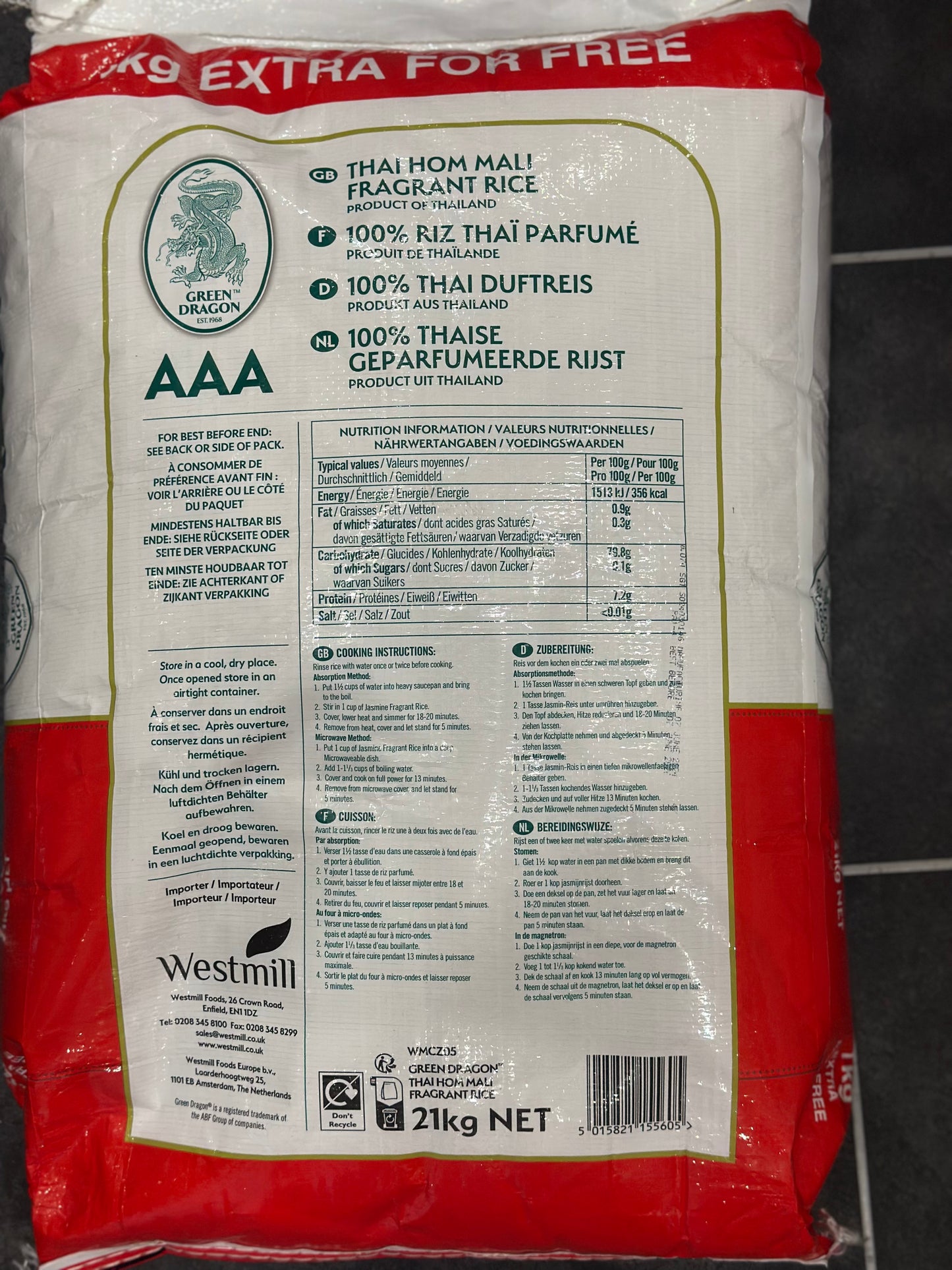 Green dragon AAA thai hom mali fragrant rice 20kg