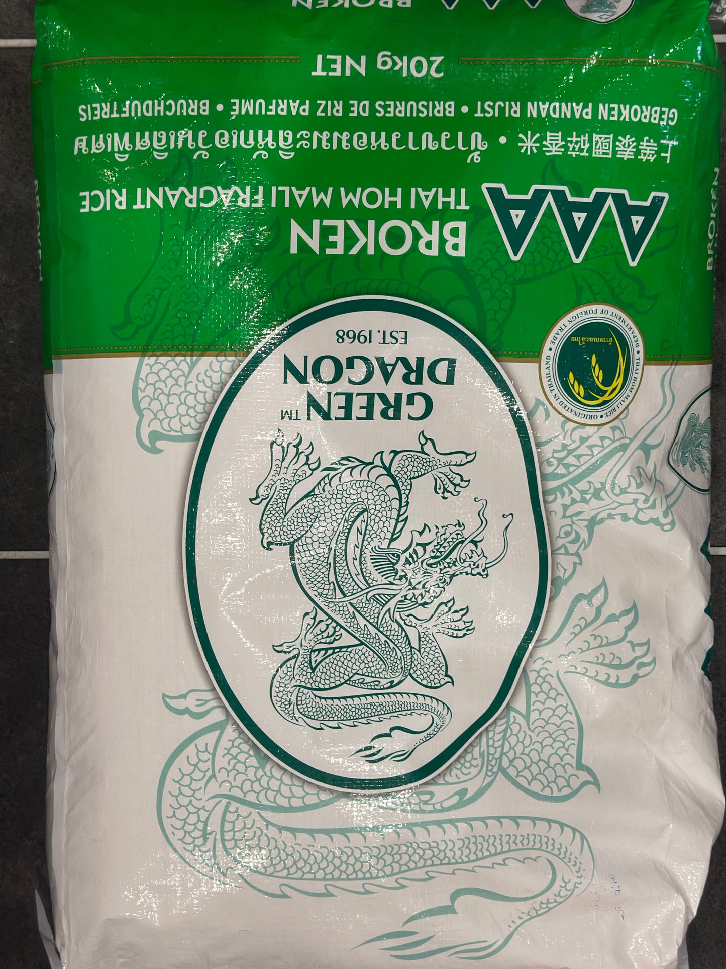 Green dragon AAA broken thai hom fragrant rice 20kg