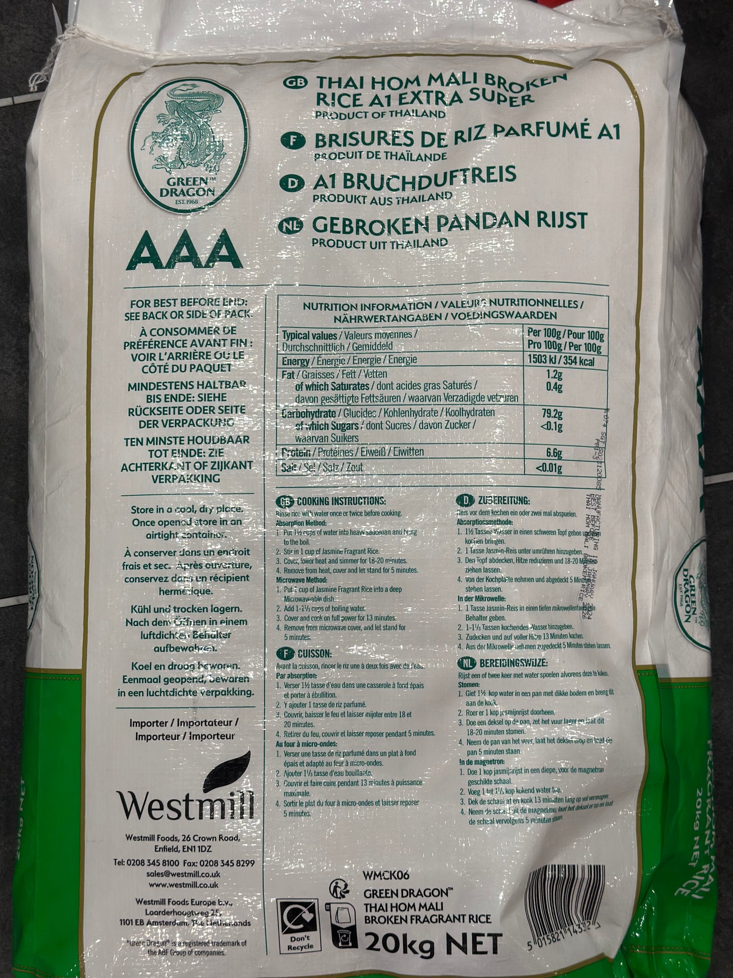 Green dragon AAA broken thai hom fragrant rice 20kg