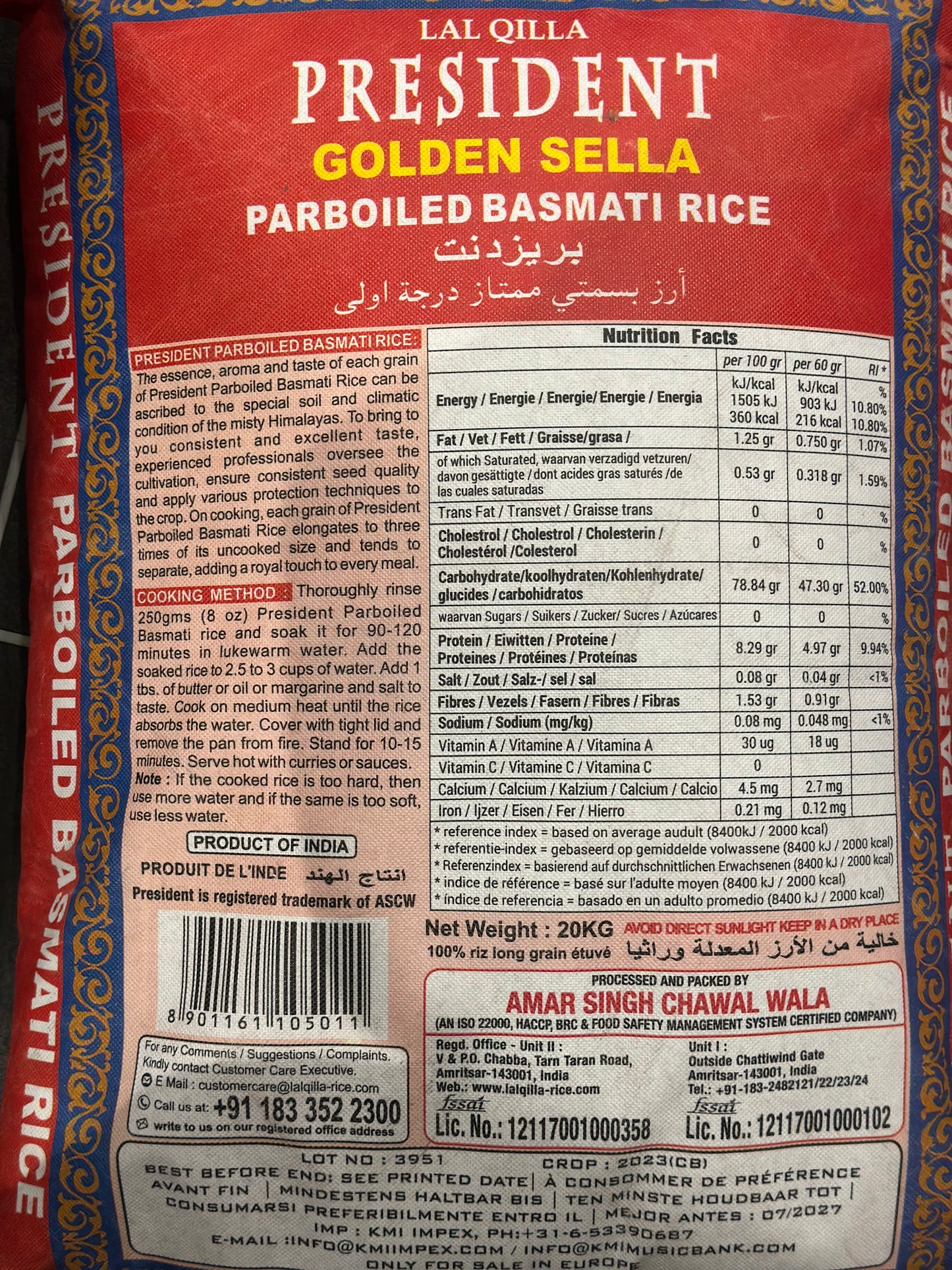 President golden sella parboiled basmati rice 20kg